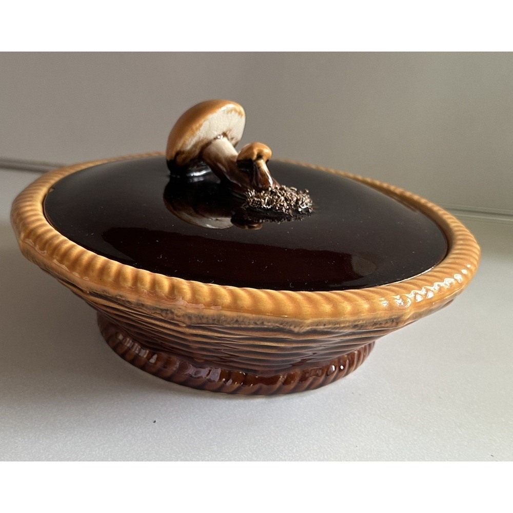 Tellurite Belgium Majolica Lidded Casserole Dish Mushrooms 1930's Vintage Brown